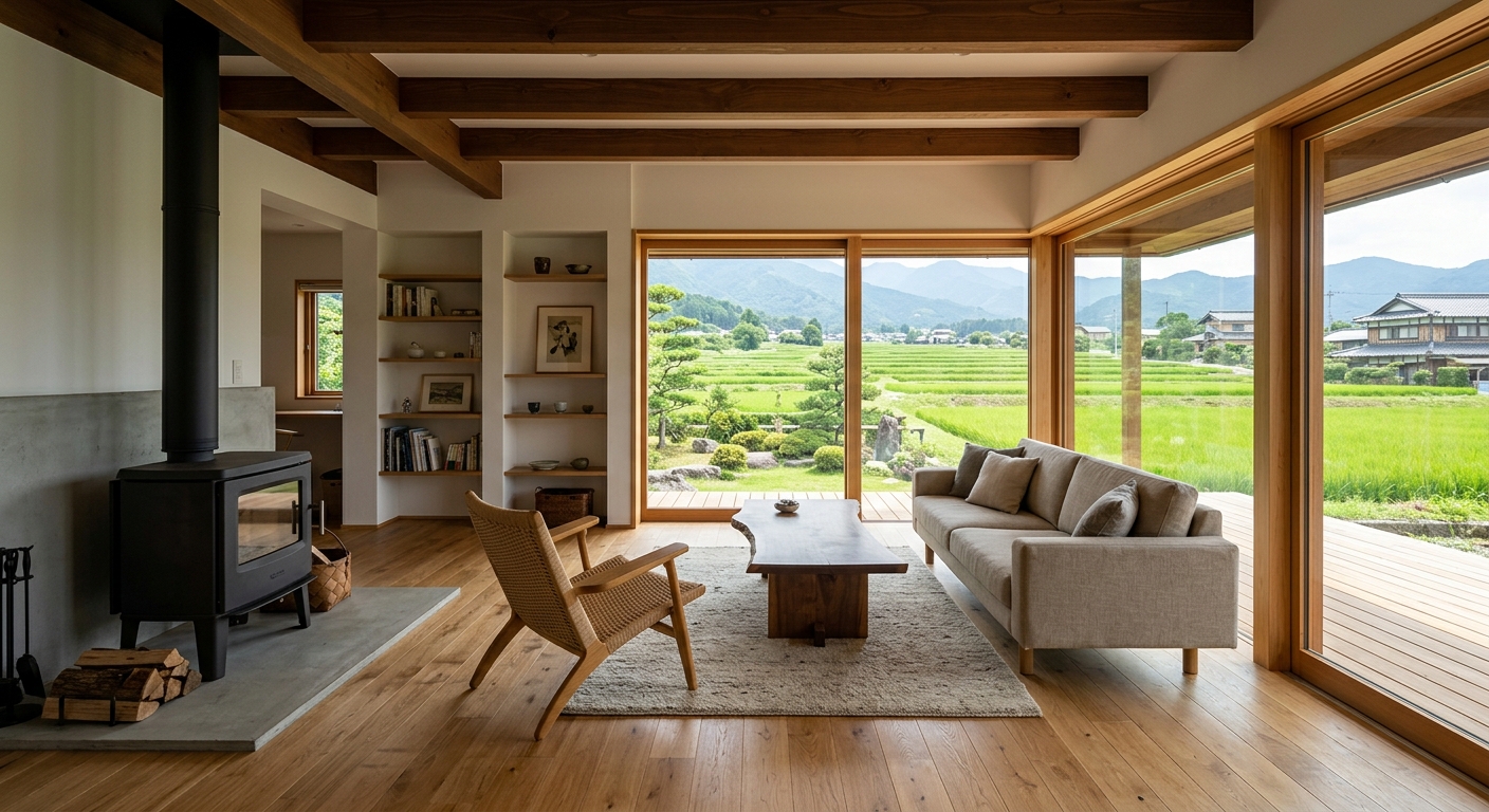 薪ストーブと大開口の平屋